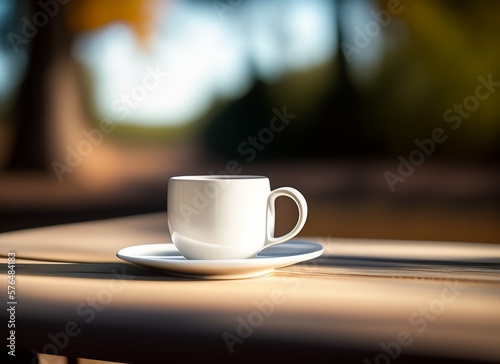Coffee mug on a picnic table, isolated in a blurred nature background, generative Ai