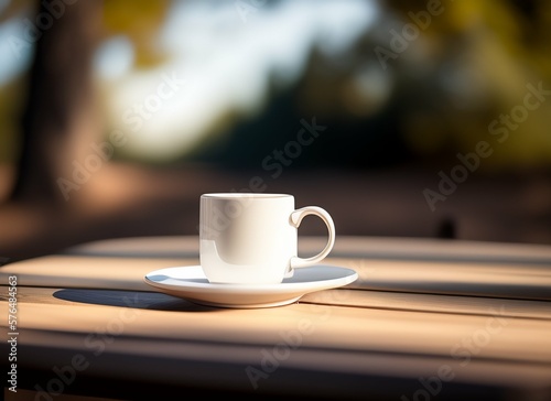 Coffee mug on a picnic table, isolated in a blurred nature background, generative Ai