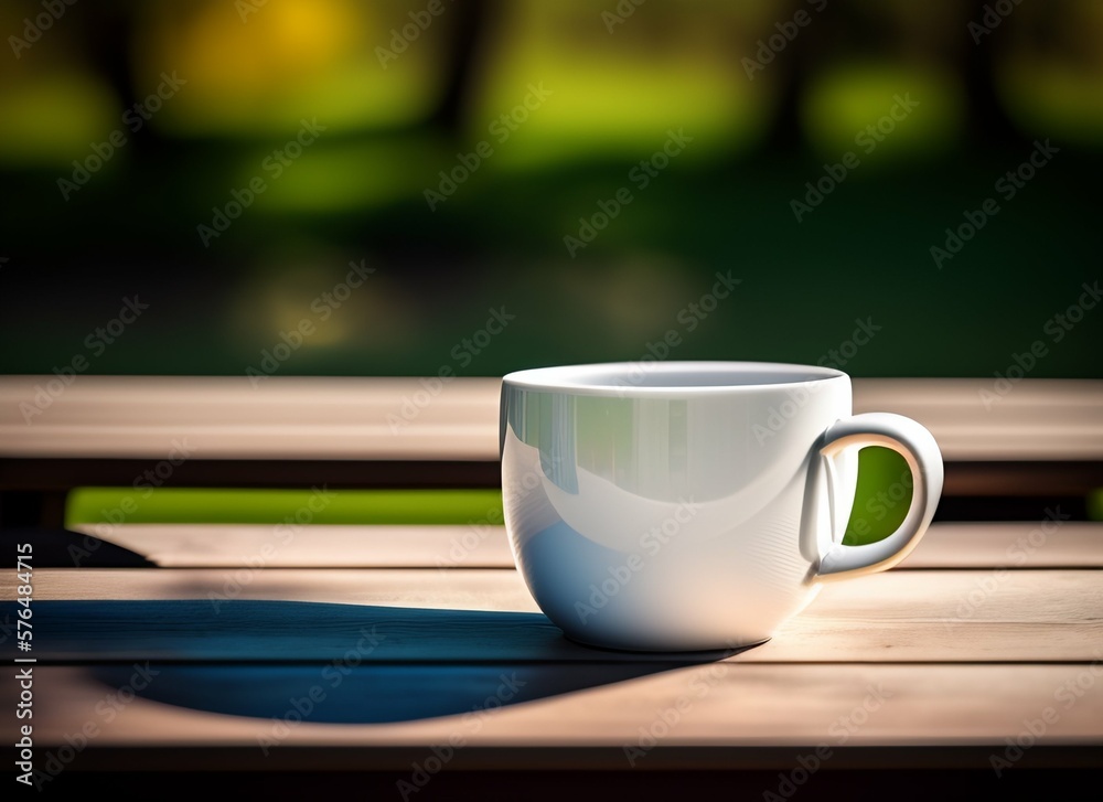 Coffee mug on a picnic table, isolated in a blurred nature background, generative Ai Coffee mug on a picnic table, isolated in a blurred nature background, generative Ai