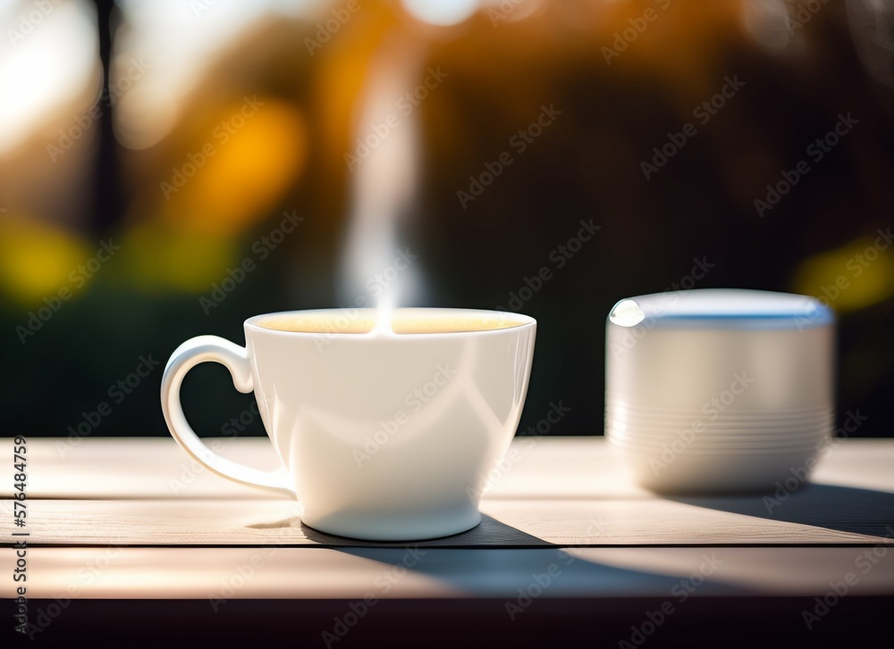 Coffee mug on a picnic table, isolated in a blurred nature background, generative Ai Coffee mug on a picnic table, isolated in a blurred nature background, generative Ai