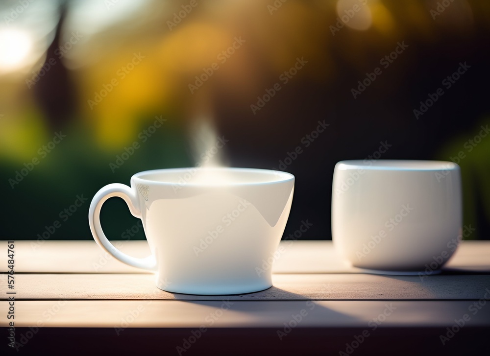 Coffee mug on a picnic table, isolated in a blurred nature background, generative Ai Coffee mug on a picnic table, isolated in a blurred nature background, generative Ai