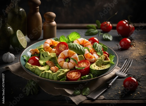 Avocado Salad with Shrimp, Lettuce, Cherry Tomatoes and croutons IA