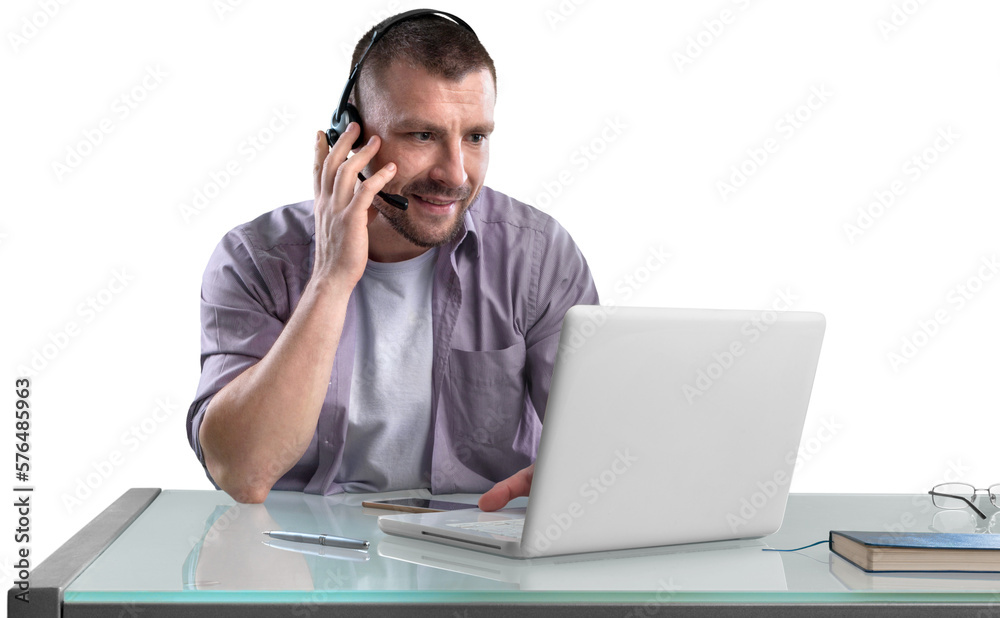 Smiling handsome young male call centre operator Smiling handsome young male call centre operator