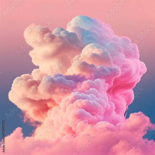 Background of fluffy baby pink and blue pastel cotton candy clouds in the sky. Generative AI 