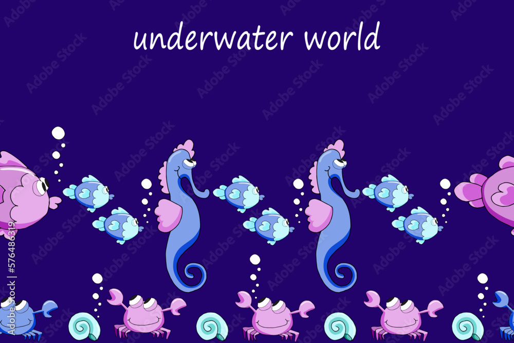 Cartoon seamless border of marine life on a blue background. Vector illustration for print, decoration, poster.
