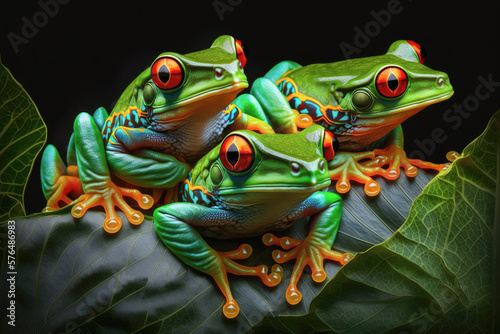 A group of red eyed tree frogs perched on a vibrant green leaf, their striking red eyes glowing in the dark - Generative AI