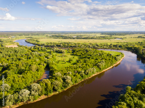 Panoramic view of gulf meadows at the river Klyazma River, Russia