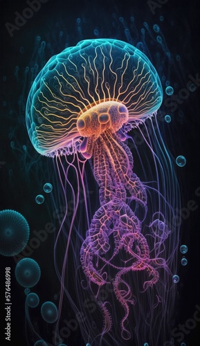 Imaginary jellyfish glowing in the dark underwater, AI generative