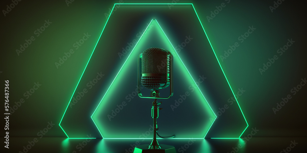 Abstract green neon banner with retro microphone. 
3d background  or wallpaper design for header, website or streamer on twitch or youtube.