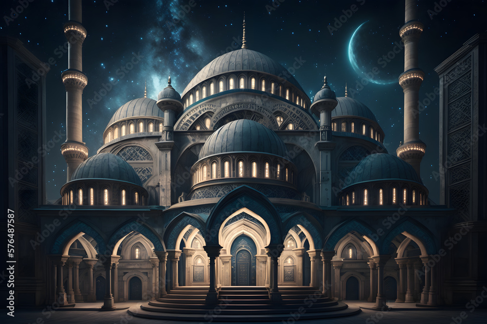 Large mosque building with a moon in the background. Generative AI