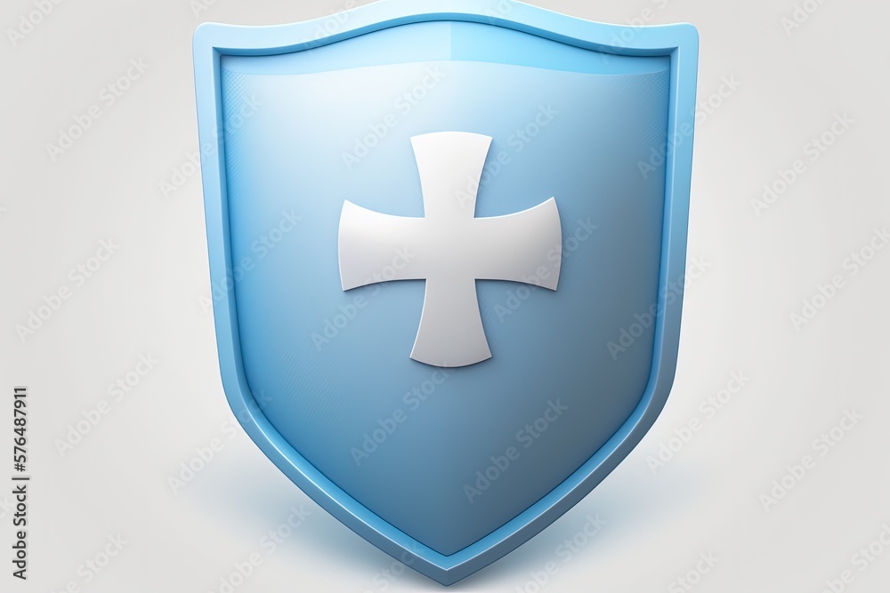 Illustration of blue shield with plus sign, health concept, white background. Generative AI Illustration of blue shield with plus sign, health concept, white background. Generative AI
