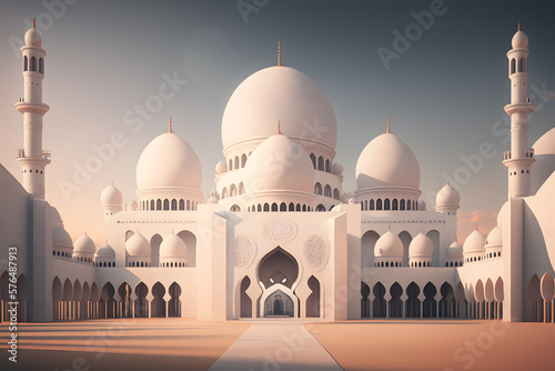 Large mosque building with a moon in the background. Generative AI
