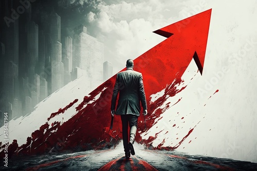 Businessman with back and red arrow, business concept. Generative AI