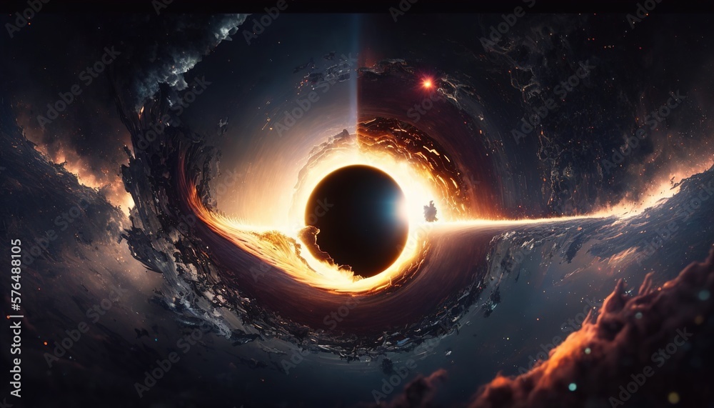 super realistic black hole illustration, destroyed planet in universe, explosion background wallpaper created with generative ai technology