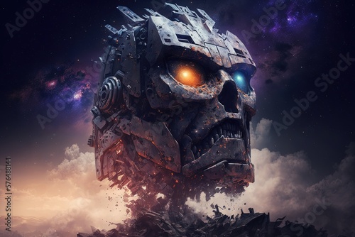Giant robot head destroyed in the surface of an unknown planet. Generative AI © Deivison