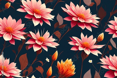 Seamless flowers pattern painting with trendy colors. Print Design, generative ai, perfect for interior, furniture and fashion.