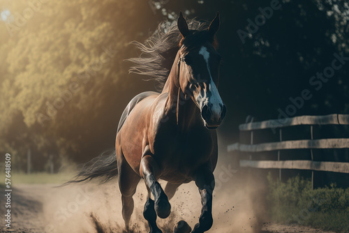 Print op canvas horse running in paddock on sunny day, photorealistic