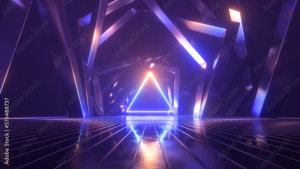 3d render, abstract geometric background with neon triangle. Laser linear shape glowing in the dark
