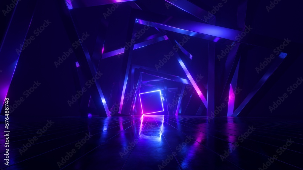 3d render, abstract geometric neon background with glowing square frame. Laser linear shape inside the dark tunnel - obrazy, fototapety, plakaty 