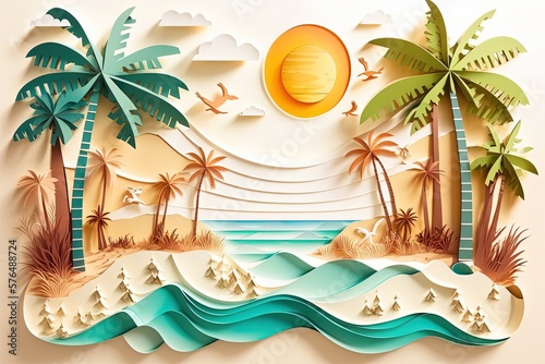 Landscape with sunset  coconut trees and beach  made from paper cutouts. Generative AI