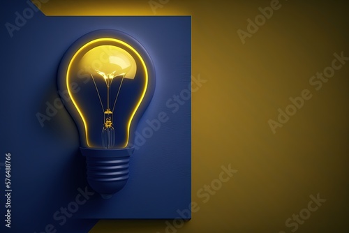 Illustration of light bulb on yellow and dark blue background, ideas and creativity concept. Generative AI