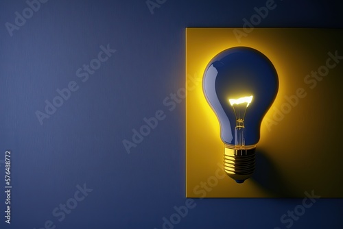 Illustration of light bulb on yellow and dark blue background, ideas and creativity concept. Generative AI