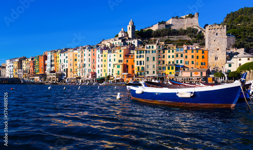 View of Portovenere small colorful town with Doria Castle on Ligurian coast of Italy