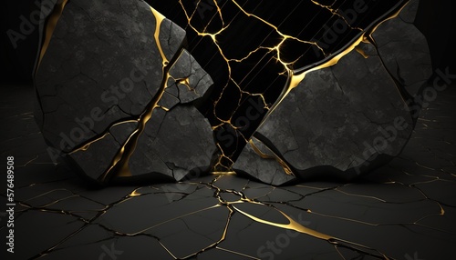 black marble texture with gold kintsugi elements wallpaper background created with generative ai technology