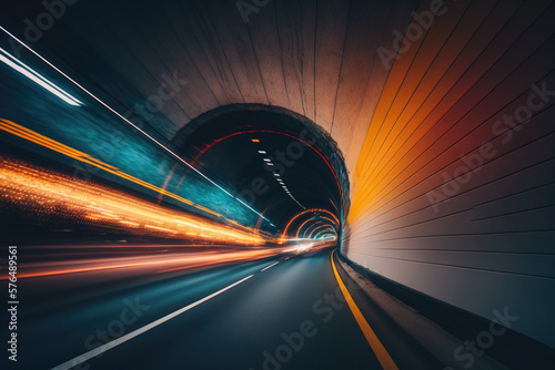 Speed traffic light trail in highway tunnel. Generative AI