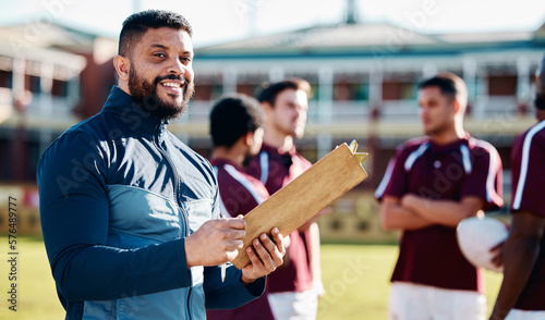 Fototapeta Naklejka Na Ścianę i Meble -  Sports, portrait or happy man with a strategy, planning or training progress for a game field formation. Leadership, mission or manager coaching men or rugby group for fitness idea or team goals