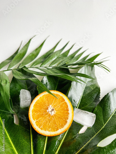 orange with tropical leaves. beauty background