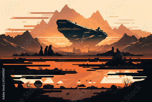 Stunning dystopian landscape minimalistic background with flat solid colors. 