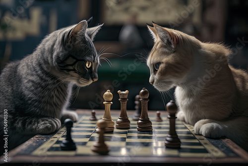 Cats playing chess on chess board. Generative AI