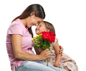Mother and cute daughter with a bouquet of flowers