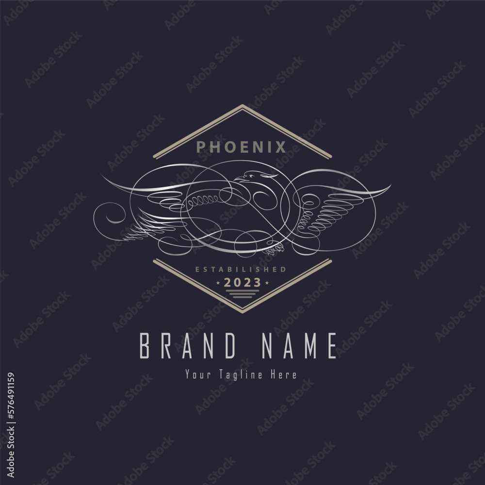 Obraz premium Phoenix bird outline luxury monogram hexagonal logo template design for brand or company