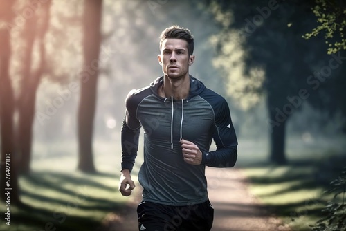 Young attractive man running in the park wearing sportswear. Active lifestyle concept. Generative AI