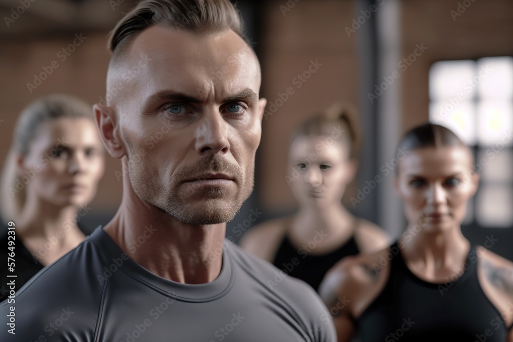 Gym instructor posing looking at camera. Focus on foreground. Generative AI Gym instructor posing looking at camera. Focus on foreground. Generative AI