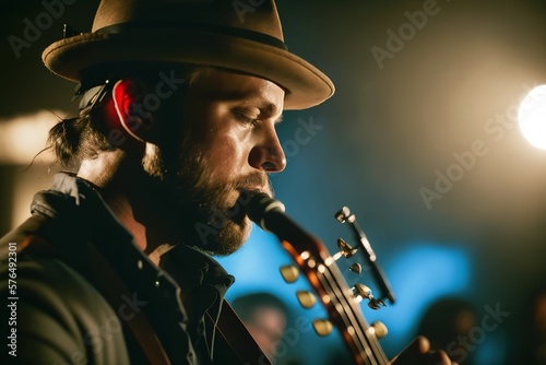 Close up shot of musician man playing sax in a concert. Generative AI