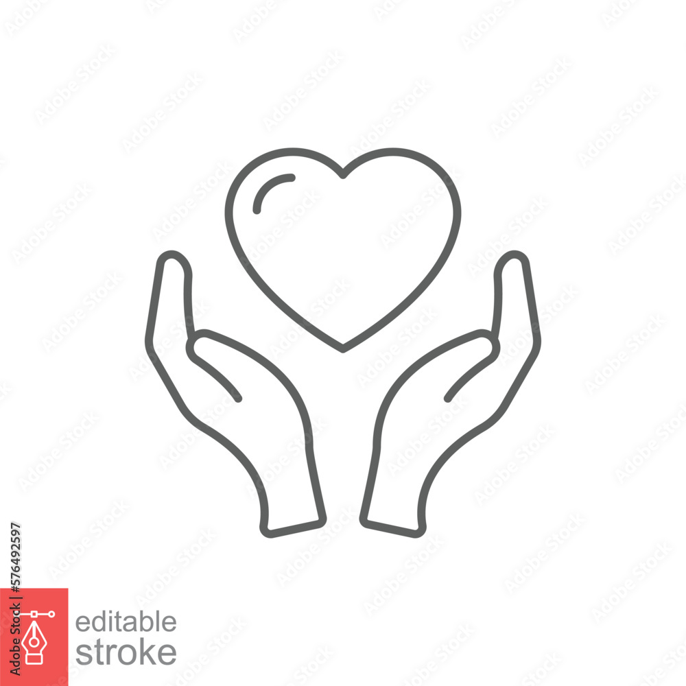 Hand heart line icon. Simple outline style. Wellbeing, health care, support, life, save, love, give, charity concept. Vector illustration isolated on white background. Editable stroke EPS 10. Hand heart line icon. Simple outline style. Wellbeing, health care, support, life, save, love, give, charity concept. Vector illustration isolated on white background. Editable stroke EPS 10.