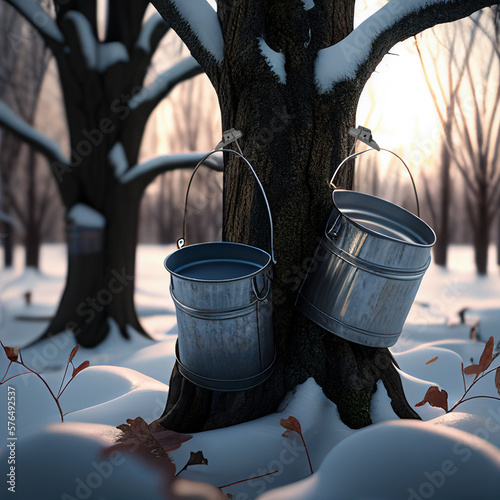 Maple tapping with metal buckets and spiles spouts taps