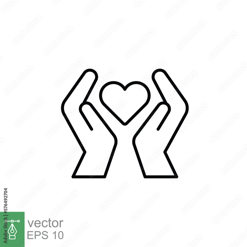 Hand heart line icon. Simple outline style. Wellbeing, health care, support, life, save, love, give, charity concept. Vector illustration isolated on white background. EPS 10. Hand heart line icon. Simple outline style. Wellbeing, health care, support, life, save, love, give, charity concept. Vector illustration isolated on white background. EPS 10.
