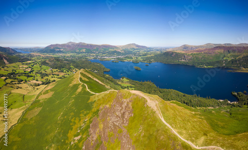 Aerial view of a hiking trail across a mountain ridge (Catbells and Derwentwater, Lake District)