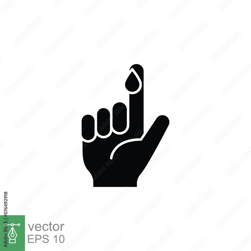 Blood on finger glyph icon. Vector people hand injured isolated symbol. Glucose, insulin test, diabetes concept. Simple solid style. Sign illustration on white background. EPS 10. Blood on finger glyph icon. Vector people hand injured isolated symbol. Glucose, insulin test, diabetes concept. Simple solid style. Sign illustration on white background. EPS 10.