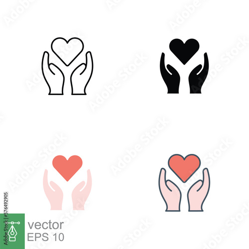 Hand heart icon in different style. Line, solid, flat, filled outline style. Holding, pictogram, care, graphic, life, health, save, love, give, charity concept. Vector illustration isolated. EPS 10.
