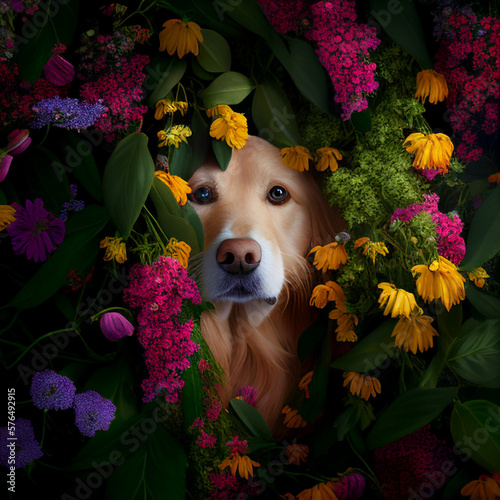golden retriever hiding in flowers