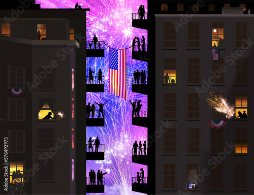 People on their balconies on two high rise apartment buildings watch fireworks and fly USA flags on the Fourth of July in this 3-d vector illustration about Independence Day.