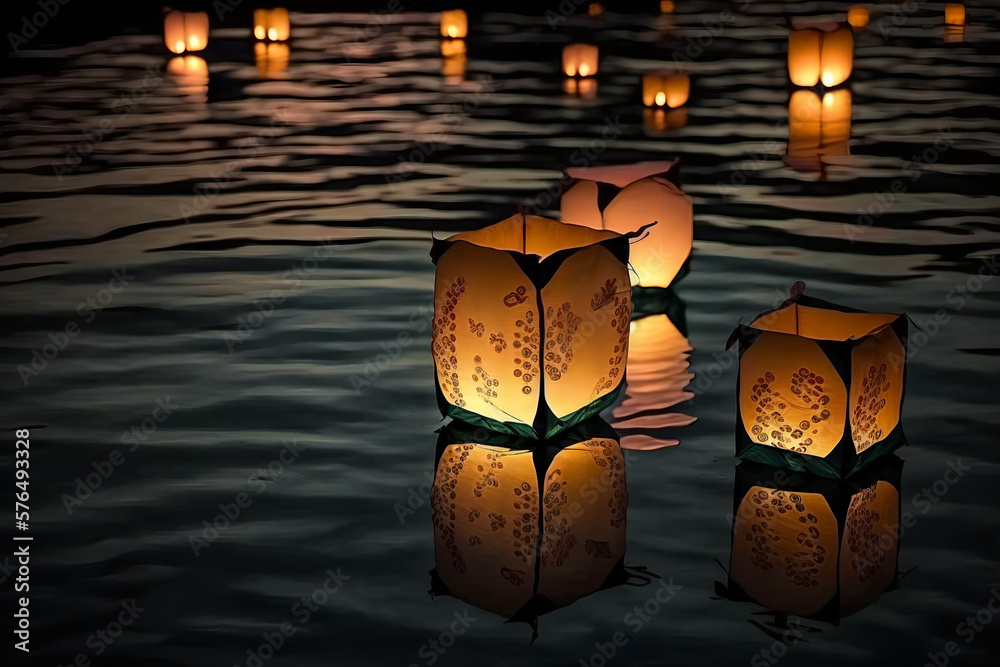 Paper lanterns representing spirits of the departed float on dark water