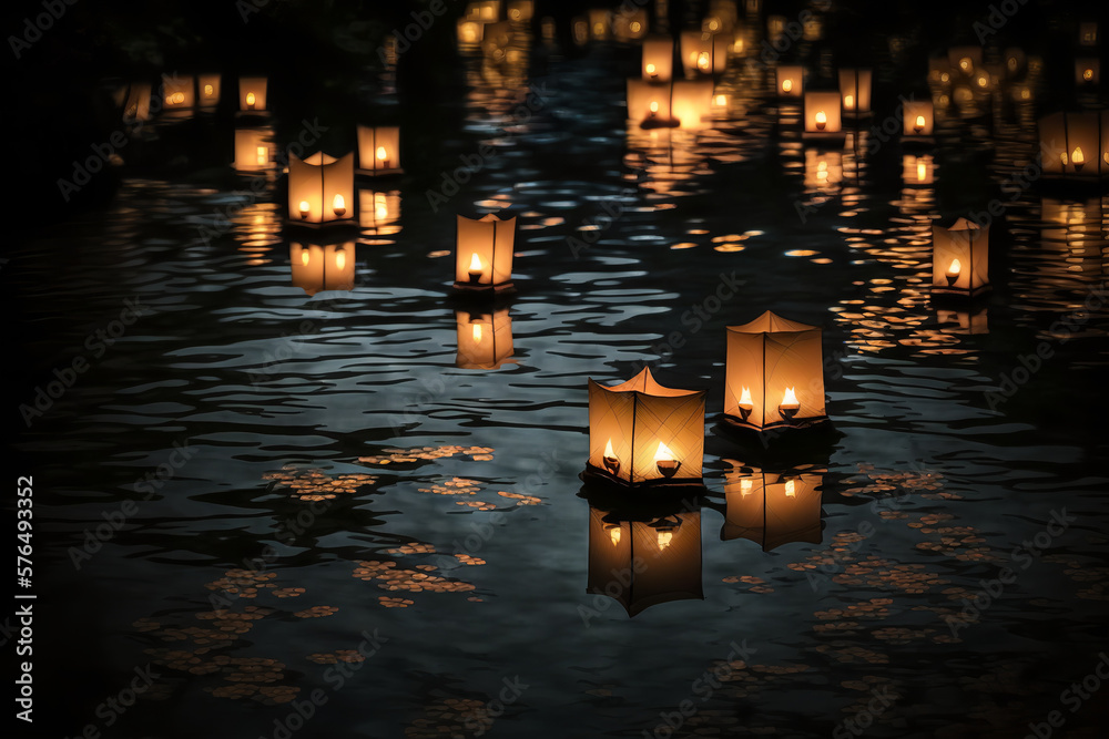 Paper lanterns representing spirits of the departed float on dark water during the Traditional