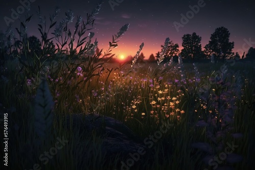 Illustration of colorful flower meadow in night. landscape painting. Generative AI
