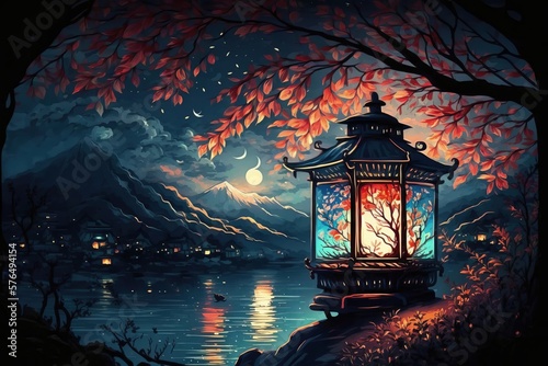 Illustration of a beautiful floating candle lantern lamp on the water at night, It is also known as a river lamp or lake lamp , lantern floating, Memorial Day. Generative AI